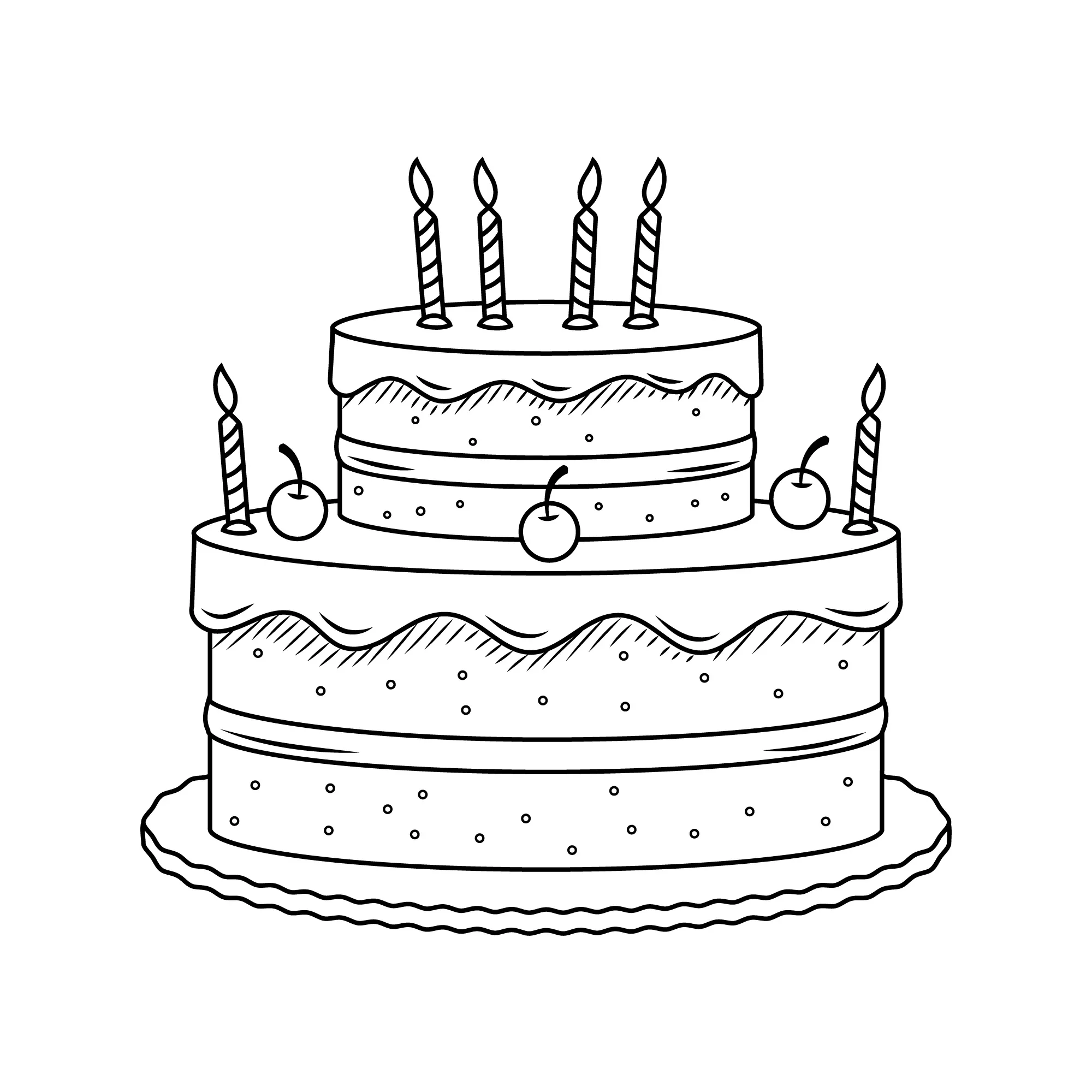 Desenho de contorno de um bolo de aniversário de duas camadas com cobertura, decorado com cerejas no topo e nas laterais, e seis velas listradas.