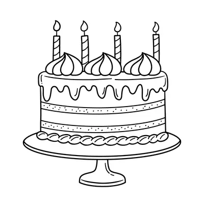 Desenho de contorno de um bolo de aniversário de camada única sobre um pedestal, com cobertura gotejante, três redemoinhos de chantilly e quatro velas acesas.