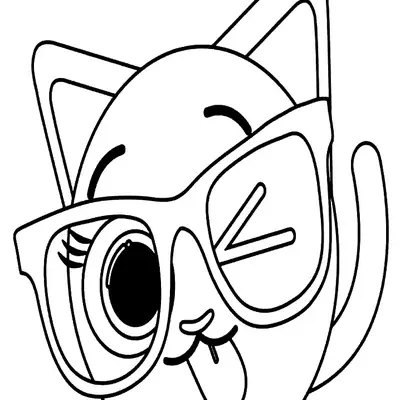 Desenho de contorno da gatinha Sophie dos Bolofofos inclinada, piscando o olho esquerdo, com a língua para fora e usando óculos grandes.