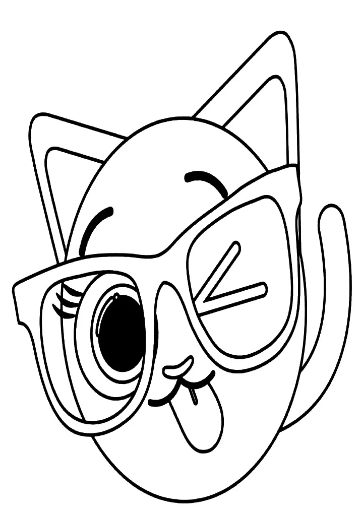 Desenho de contorno da gatinha Sophie dos Bolofofos inclinada, piscando o olho esquerdo, com a língua para fora e usando óculos grandes.