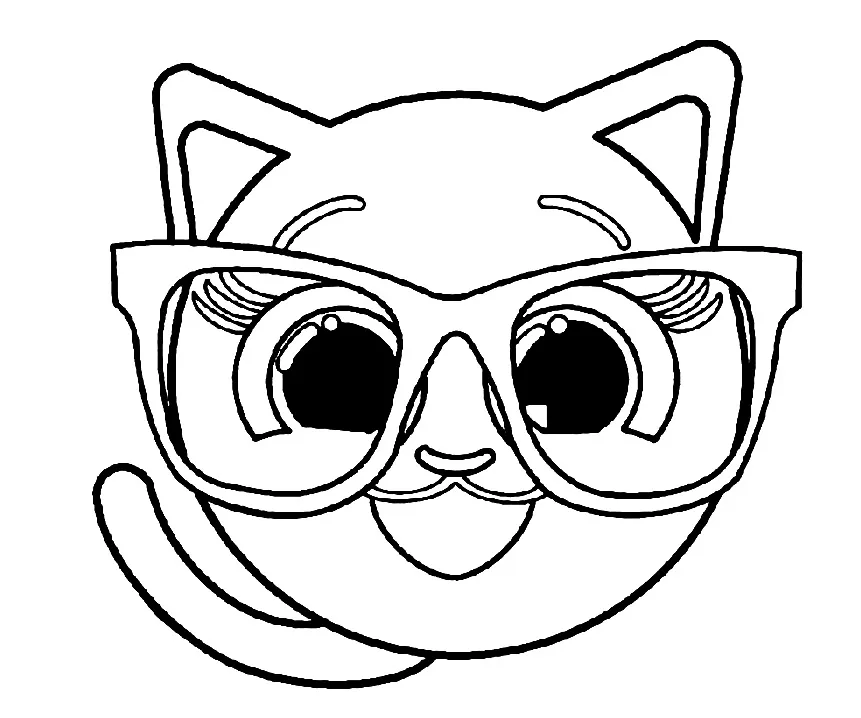Desenho de contorno do rosto redondo da gatinha Sophie dos Bolofofos, usando óculos de armação grossa, com cílios grandes e um sorriso alegre.