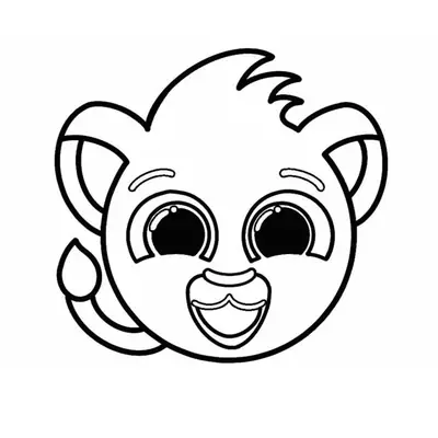 Desenho de contorno do rosto redondo do leãozinho Rick dos Bolofofos, com um topete na juba, orelhas circulares, rabo com tufo e expressão alegre.