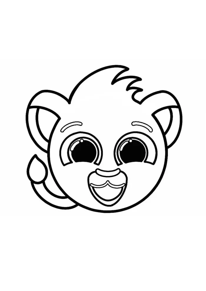 Desenho de contorno do rosto redondo do leãozinho Rick dos Bolofofos, com um topete na juba, orelhas circulares, rabo com tufo e expressão alegre.