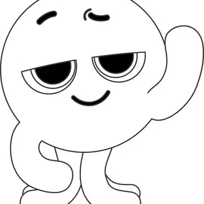 Desenho de contorno do polvinho Pow dos Bolofofos, com corpo redondo, olhos expressivos de pálpebras caídas e três tentáculos visíveis.