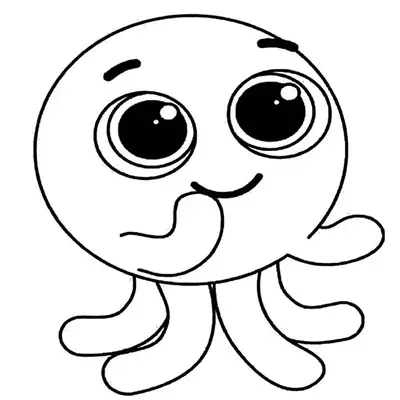 Desenho de contorno do polvinho Pow dos Bolofofos, com corpo redondo, olhos grandes e brilhantes, e um tentáculo encostado na boca em gesto de timidez.