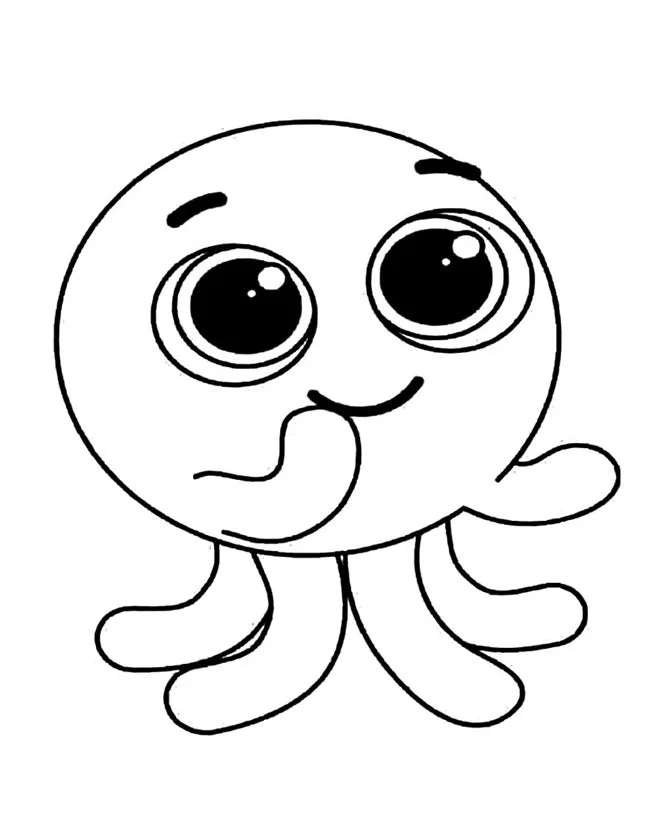 Desenho de contorno do polvinho Pow dos Bolofofos, com corpo redondo, olhos grandes e brilhantes, e um tentáculo encostado na boca em gesto de timidez.
