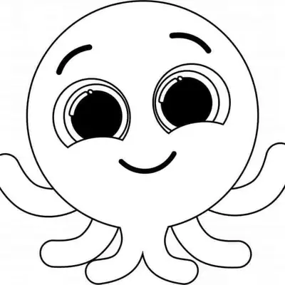 Desenho de contorno do polvinho Pow dos Bolofofos com uma expressão muito alegre, olhos grandes com brilho e tentáculos abertos para o lado.