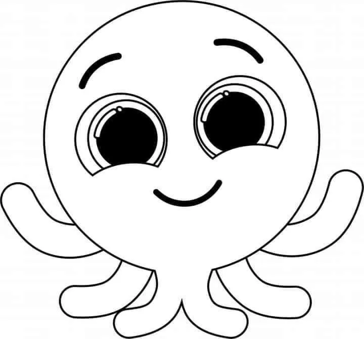 Desenho de contorno do polvinho Pow dos Bolofofos com uma expressão muito alegre, olhos grandes com brilho e tentáculos abertos para o lado.