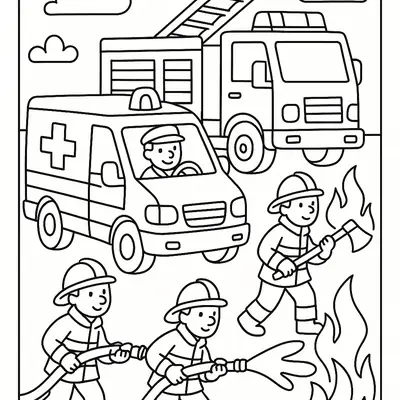 Desenho de contorno que ilustra uma cena de emergência com dois veículos (caminhão de bombeiros com escada e ambulância com cruz) e três bombeiros em ação. Dois bombeiros usam uma mangueira para combater o fogo, e um terceiro segura um machado. Um socorrista dirige a ambulância.
