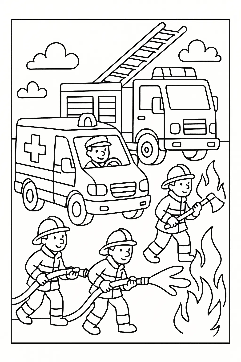 Desenho de contorno que ilustra uma cena de emergência com dois veículos (caminhão de bombeiros com escada e ambulância com cruz) e três bombeiros em ação. Dois bombeiros usam uma mangueira para combater o fogo, e um terceiro segura um machado. Um socorrista dirige a ambulância.