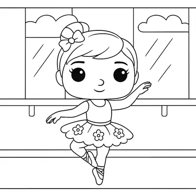 Desenho de contorno de uma bailarina estilo boneca com olhos grandes, usando tutu com flores e laço no cabelo, em um estúdio com janelas ao fundo.