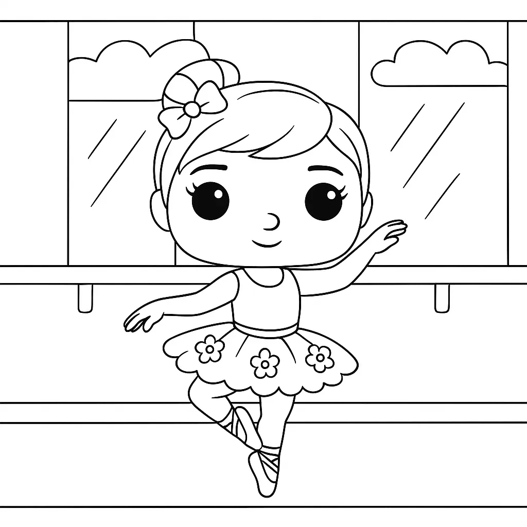 Desenho de contorno de uma bailarina estilo boneca com olhos grandes, usando tutu com flores e laço no cabelo, em um estúdio com janelas ao fundo.