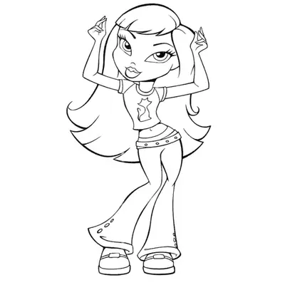 Desenho de contorno em preto e branco de uma boneca Bratz com mãos para cima, usando camiseta com estampa de gato e calças de cintura baixa.