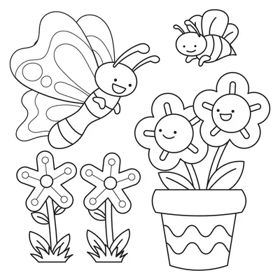 Desenho de contorno infantil com uma borboleta sorridente, uma abelha pequena, flores com rostos em um vaso e flores no chão.