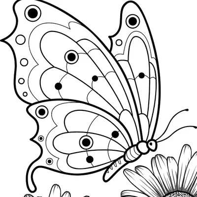 Desenho de contorno de uma borboleta de perfil com padrões de círculos nas asas, aproximando-se de duas flores de jardim detalhadas.