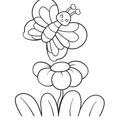 Desenho de contorno simples de uma borboleta sorridente com antenas de coração voando sobre uma flor de jardim com folhas grandes.