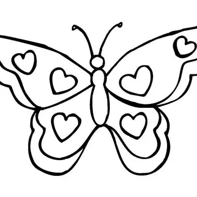 Desenho de contorno de uma borboleta vista de cima, com três corações em cada asa e corpo centralizado simples.