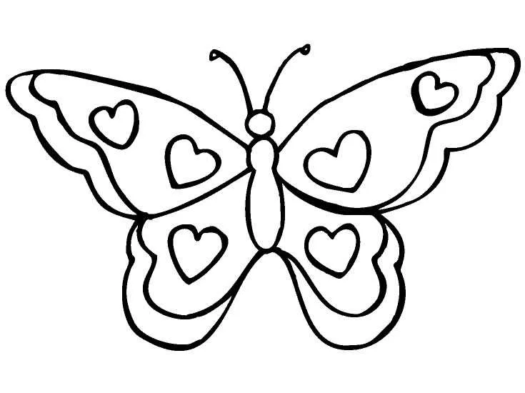 Desenho de contorno de uma borboleta vista de cima, com três corações em cada asa e corpo centralizado simples.