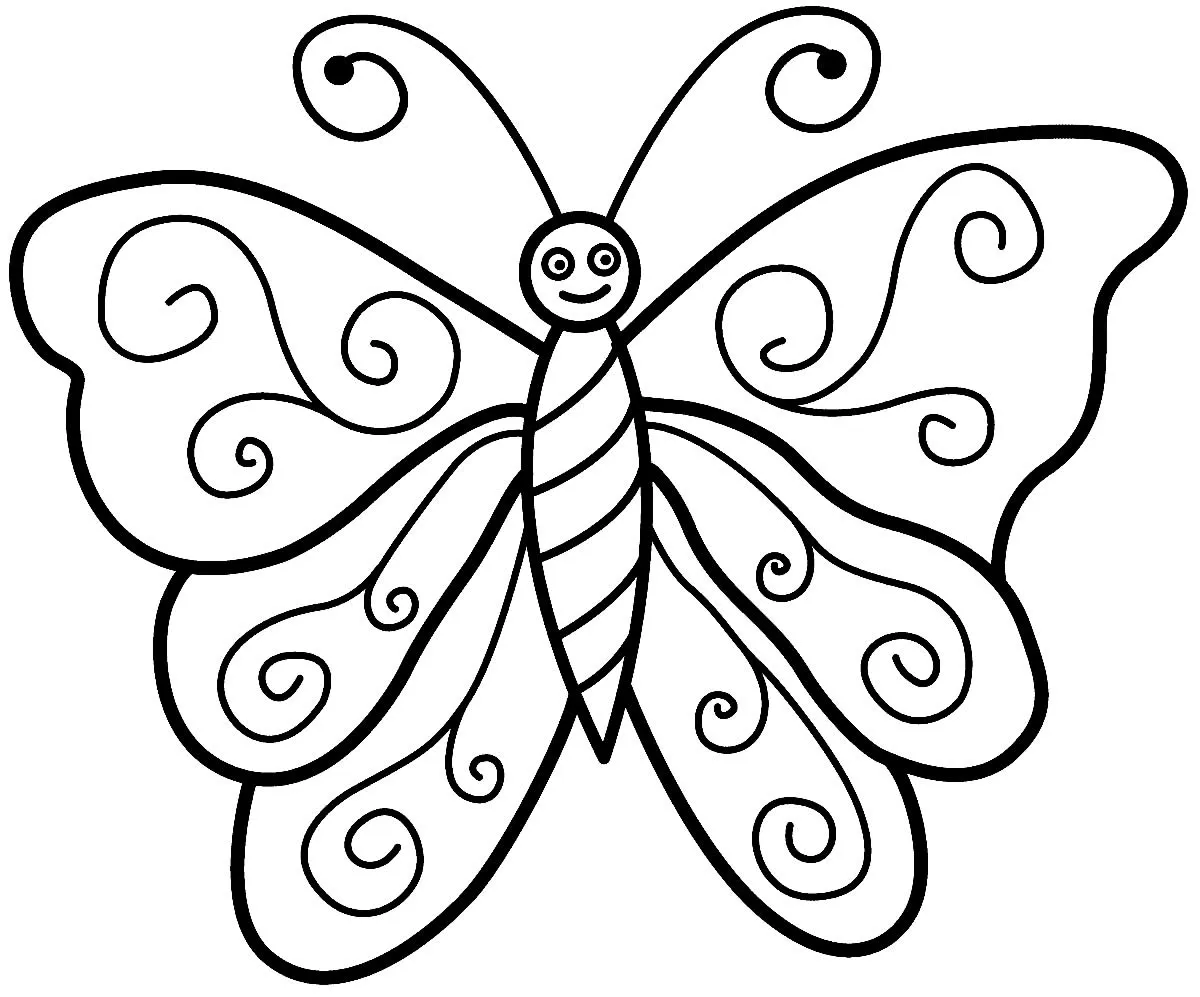 Desenho de contorno de uma borboleta vista de frente, com o corpo listrado e grandes asas preenchidas por desenhos de espirais.
