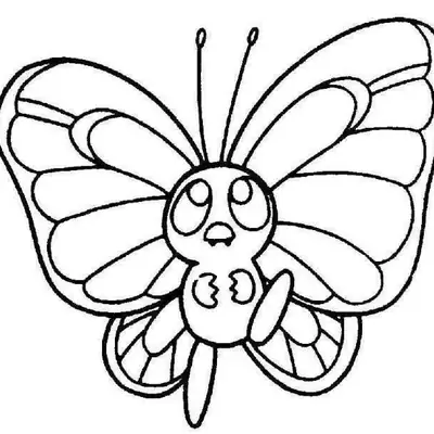 Desenho de contorno de uma borboleta de frente com olhos grandes e brilhantes, corpo pequeno e asas detalhadas em seções.