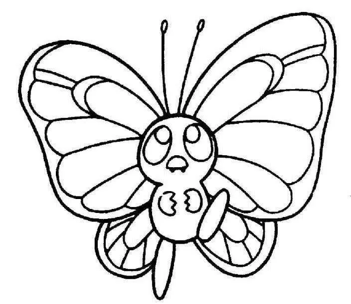 Desenho de contorno de uma borboleta de frente com olhos grandes e brilhantes, corpo pequeno e asas detalhadas em seções.