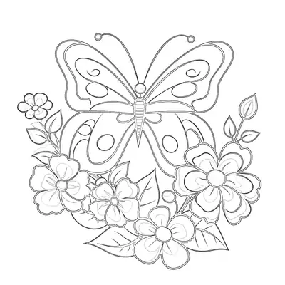 Desenho de contorno de uma borboleta centralizada com asas decoradas por círculos, rodeada por flores abertas e folhas na base.