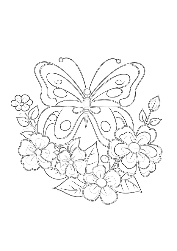 Desenho de contorno de uma borboleta centralizada com asas decoradas por círculos, rodeada por flores abertas e folhas na base.