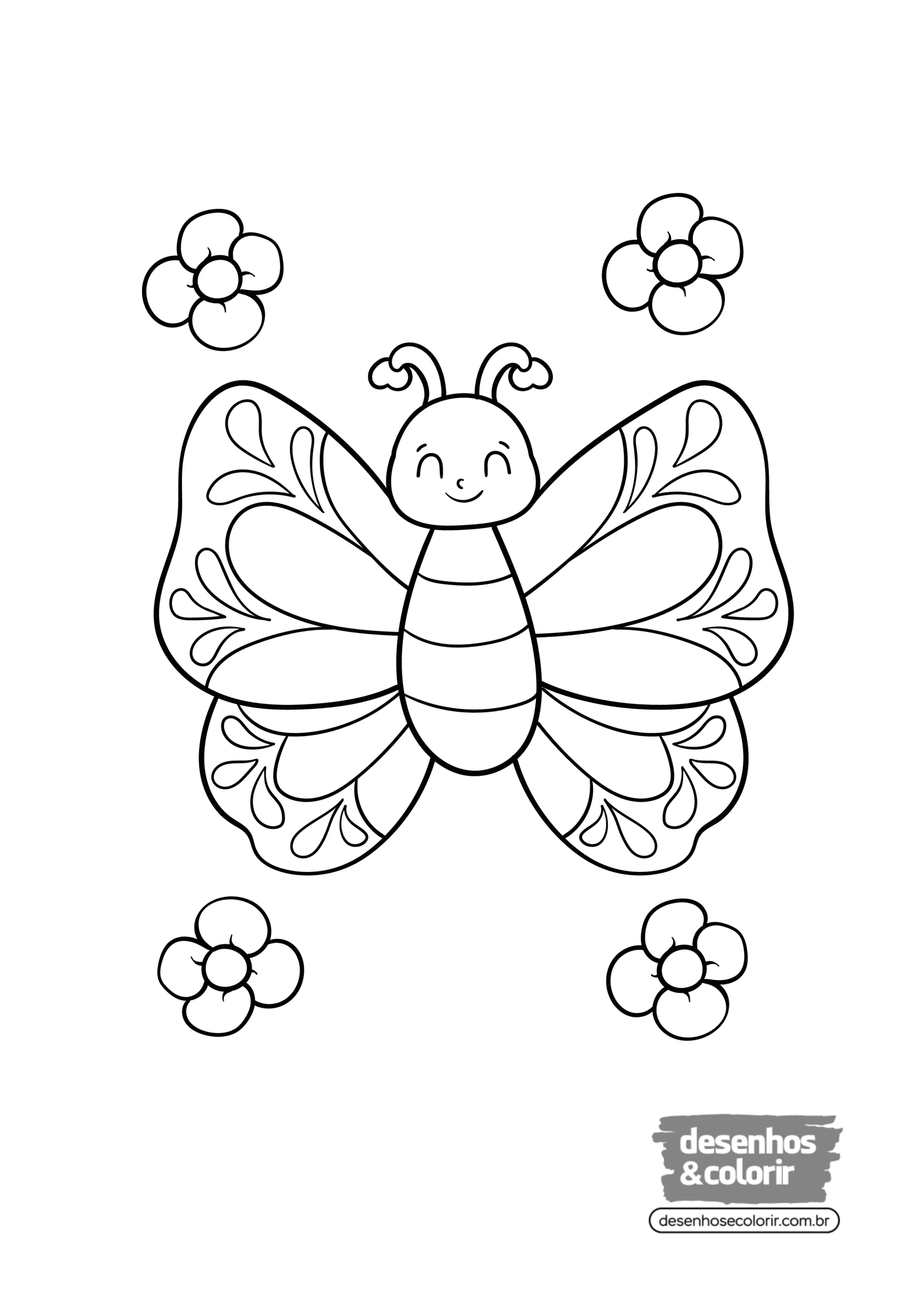 Desenho de contorno simples de uma borboleta centralizada com rosto alegre, cercada por quatro pequenas flores nos cantos.