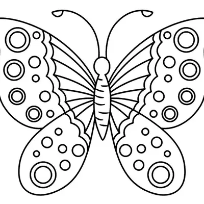 Desenho de contorno de uma borboleta com asas grandes contendo círculos concêntricos e bordas recortadas em ondas.