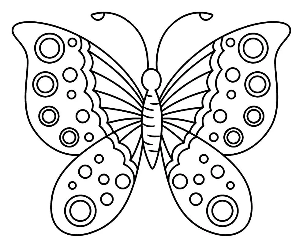 Desenho de contorno de uma borboleta com asas grandes contendo círculos concêntricos e bordas recortadas em ondas.