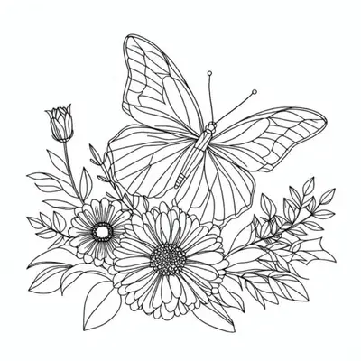 Desenho de contorno de uma borboleta grande com asas detalhadas sobre um arranjo de flores e folhas de jardim.