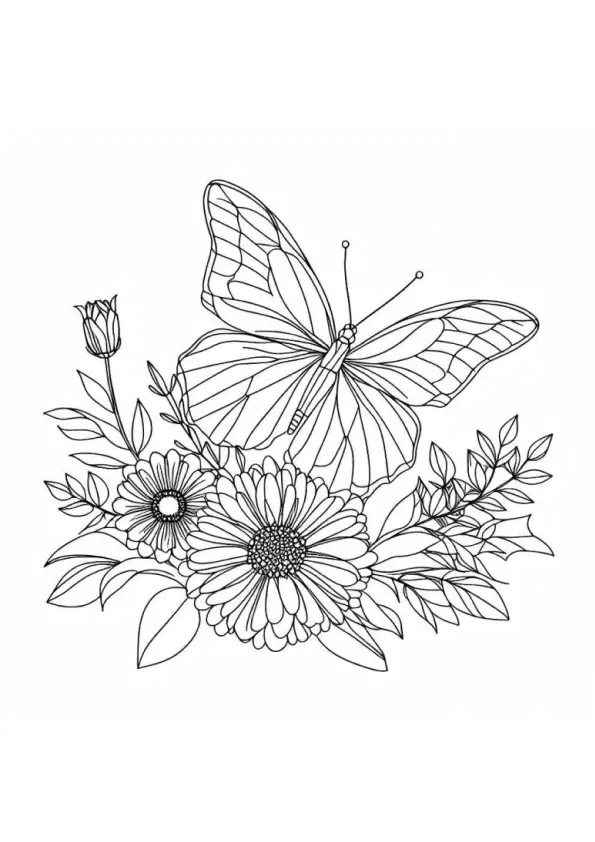 Desenho de contorno de uma borboleta grande com asas detalhadas sobre um arranjo de flores e folhas de jardim.