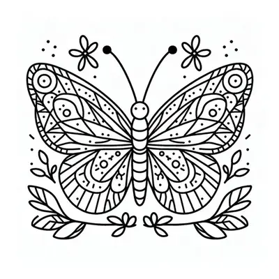 Desenho de contorno de uma borboleta centralizada com padrões de círculos e linhas nas asas, acompanhada de flores e ramos nas bordas.