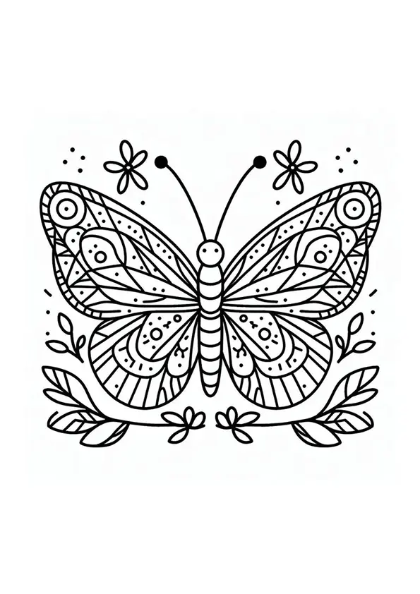 Desenho de contorno de uma borboleta centralizada com padrões de círculos e linhas nas asas, acompanhada de flores e ramos nas bordas.