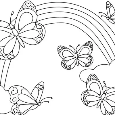 Desenho de contorno para colorir com várias borboletas decoradas com corações voando sobre um arco-íris que sai de nuvens.