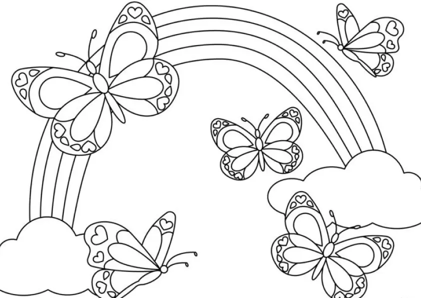 Desenho de contorno para colorir com várias borboletas decoradas com corações voando sobre um arco-íris que sai de nuvens.