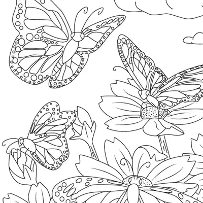 Desenho de contorno para colorir mostrando três borboletas com asas padronizadas, várias flores silvestres e nuvens ao fundo.