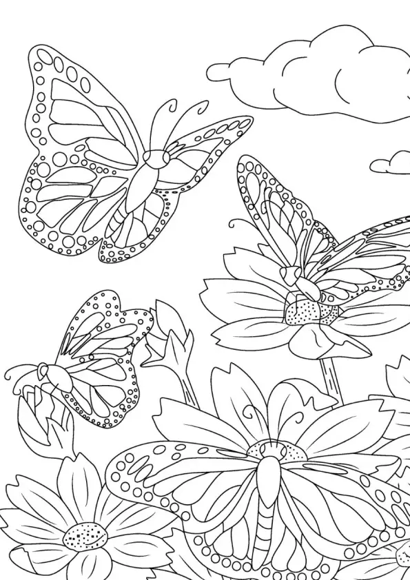 Desenho de contorno para colorir mostrando três borboletas com asas padronizadas, várias flores silvestres e nuvens ao fundo.
