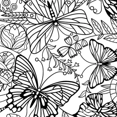 Desenho de contorno complexo preenchendo toda a página com diversas borboletas e elementos botânicos detalhados para colorir.
