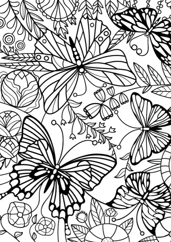 Desenho de contorno complexo preenchendo toda a página com diversas borboletas e elementos botânicos detalhados para colorir.