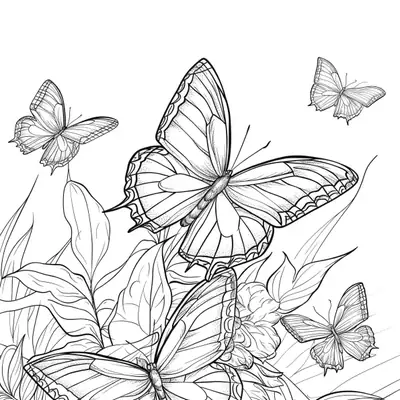 Desenho de contorno detalhado de várias borboletas com asas padronizadas voando sobre um fundo de folhas e flores de jardim.