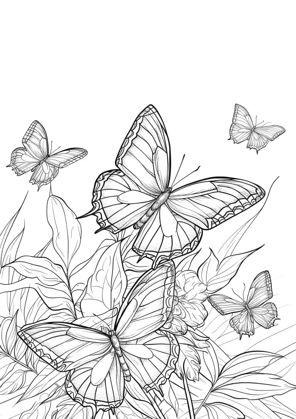 Desenho de contorno detalhado de várias borboletas com asas padronizadas voando sobre um fundo de folhas e flores de jardim.