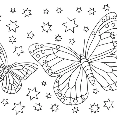 Desenho de contorno para colorir com duas borboletas de tamanhos diferentes rodeadas por dezenas de estrelas de cinco e oito pontas.