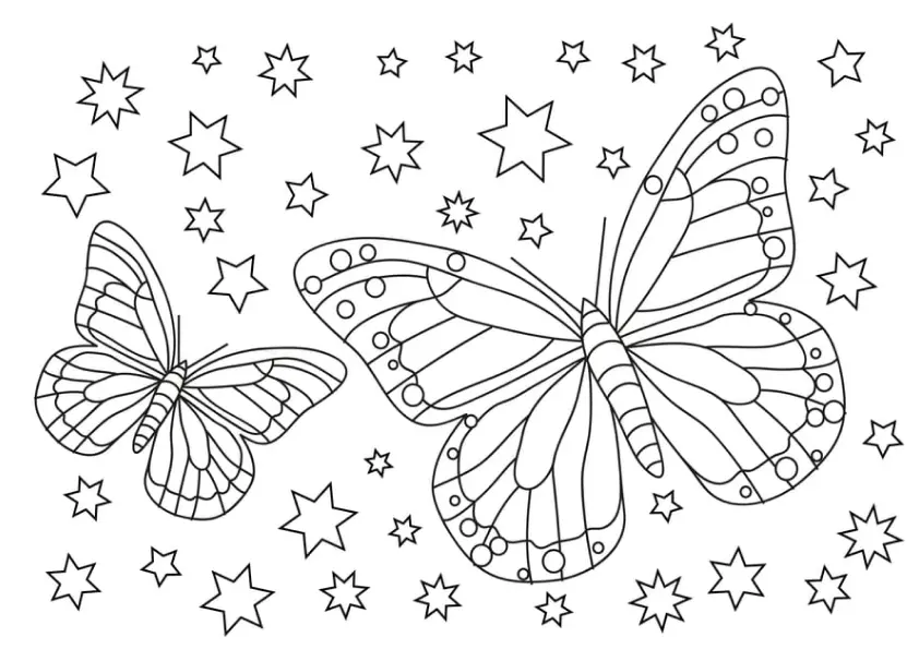 Desenho de contorno para colorir com duas borboletas de tamanhos diferentes rodeadas por dezenas de estrelas de cinco e oito pontas.
