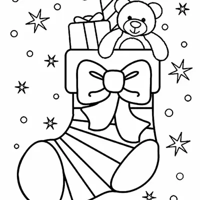 Desenho de contorno de uma bota de Natal listrada com um laço grande, contendo um ursinho de pelúcia, uma caixa de presente e uma bengala doce, cercada por estrelas.
