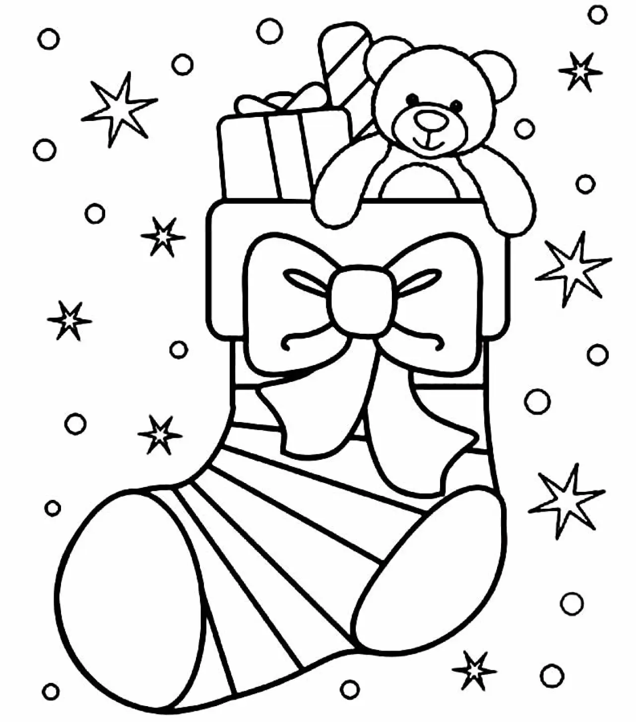 Desenho de contorno de uma bota de Natal listrada com um laço grande, contendo um ursinho de pelúcia, uma caixa de presente e uma bengala doce, cercada por estrelas.