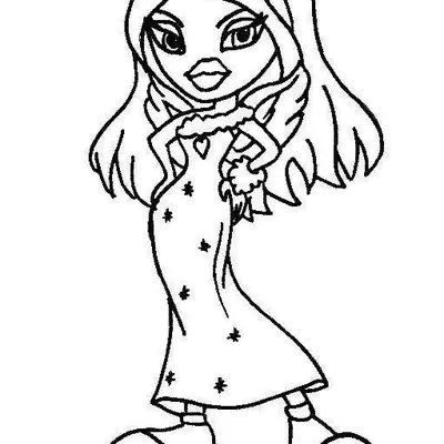 Desenho de contorno de uma boneca Bratz vestida de anjo, usando auréola, vestido longo com brilhos de estrela e sapatos de plataforma gigante.
