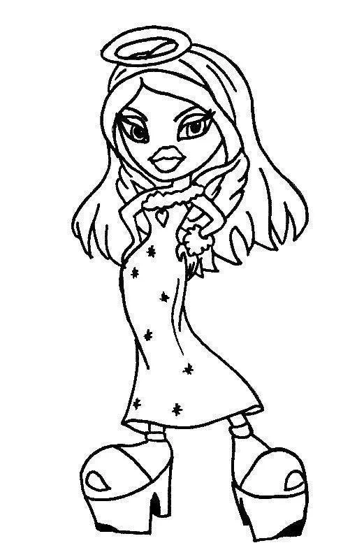 Desenho de contorno de uma boneca Bratz vestida de anjo, usando auréola, vestido longo com brilhos de estrela e sapatos de plataforma gigante.