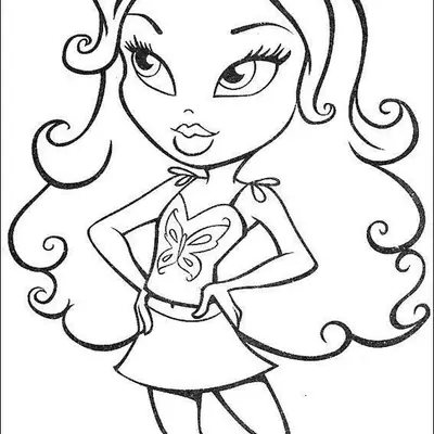 Desenho de contorno de uma boneca Bratz com mãos na cintura, vestindo blusa de alcinhas com laços e uma grande borboleta estampada no centro.