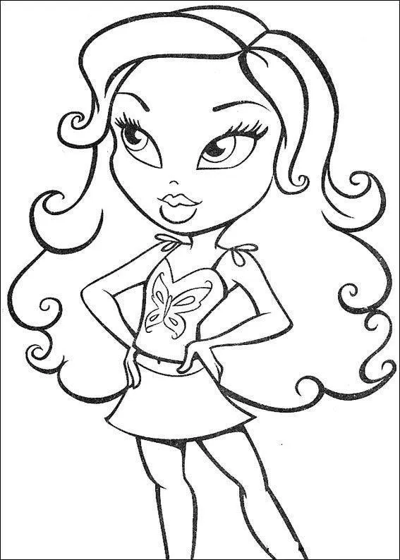 Desenho de contorno de uma boneca Bratz com mãos na cintura, vestindo blusa de alcinhas com laços e uma grande borboleta estampada no centro.